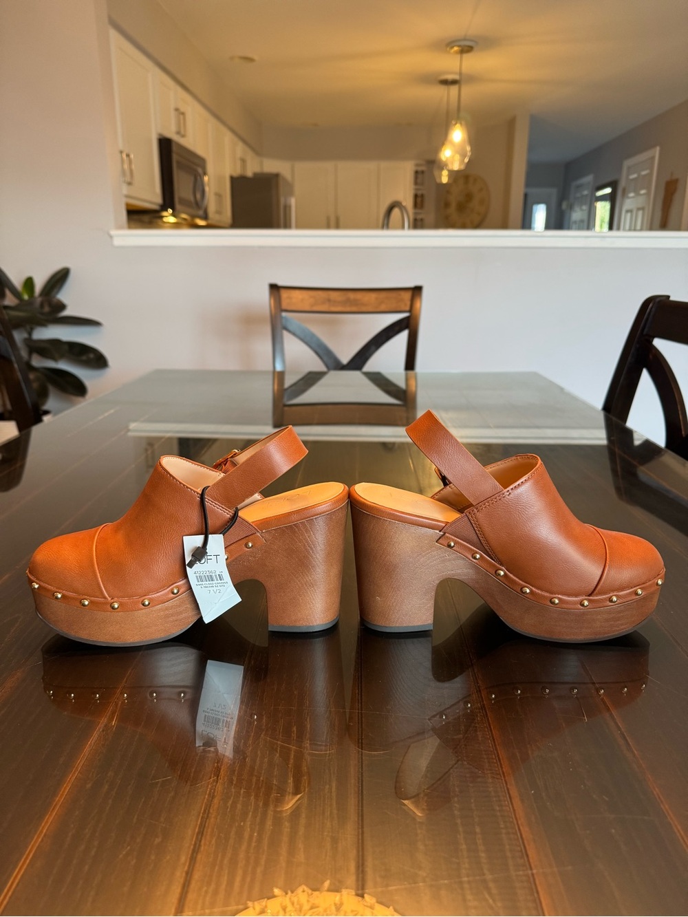 LOFT Tan Brown Leather Platform Clogs with Stud Accents